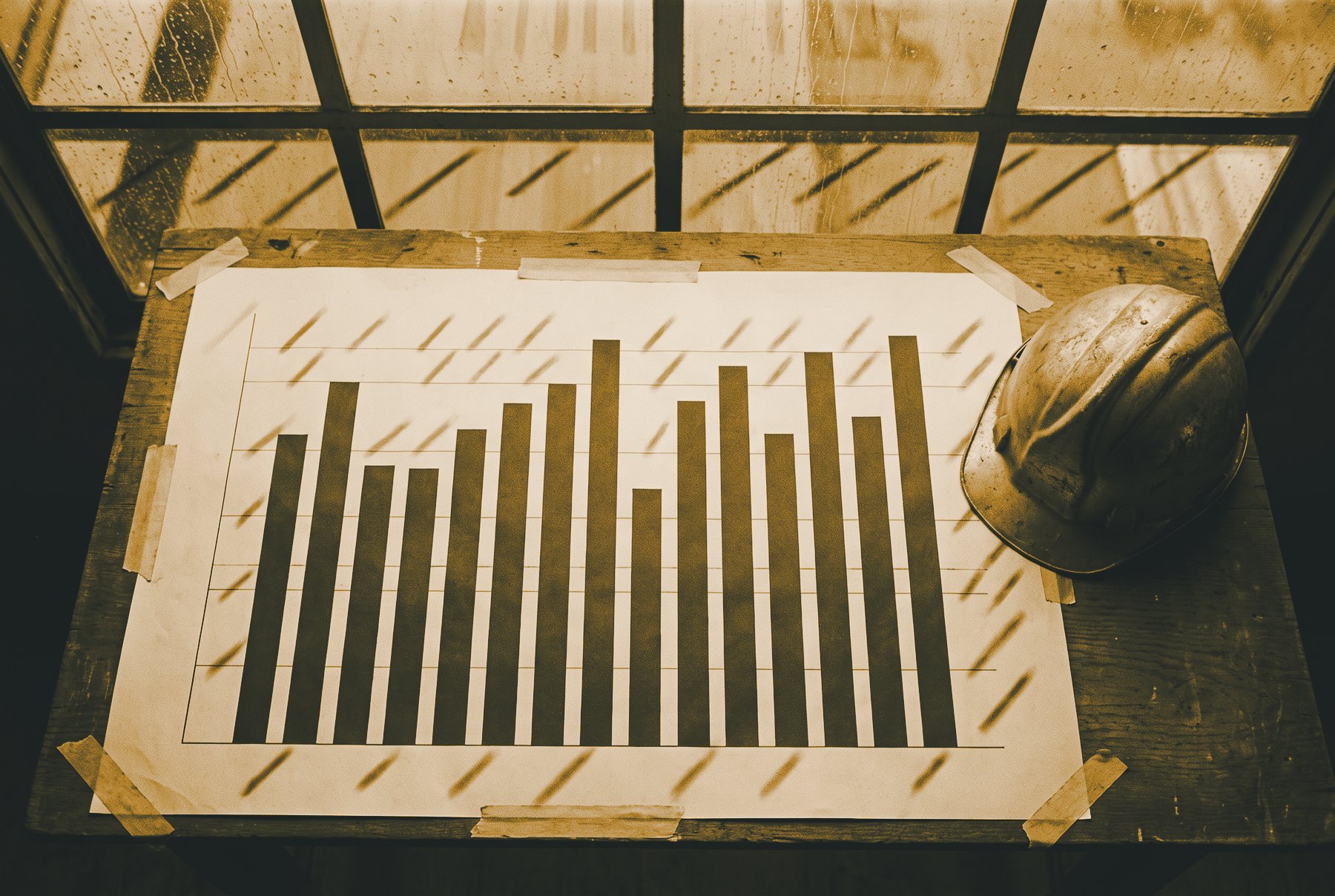 A site office table seen from above, with a printed bar chart of plain unlabelled bars and a hard hat beside it, crossed by the diagonal shadows of rain running down a window.