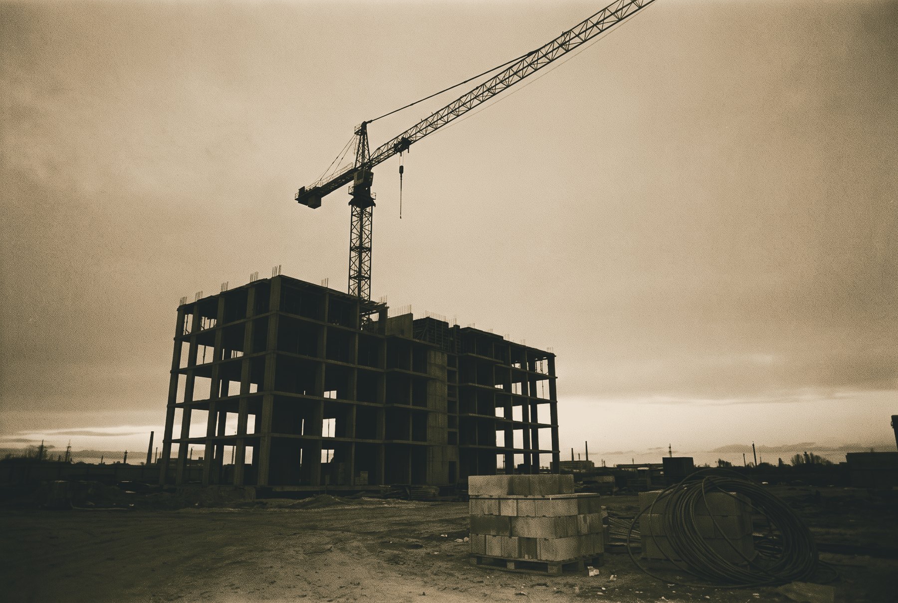 A concrete-frame building under construction at dusk, seen from low down, with a tower crane standing still above it and a pallet of blocks and a coil of cable on the empty ground.