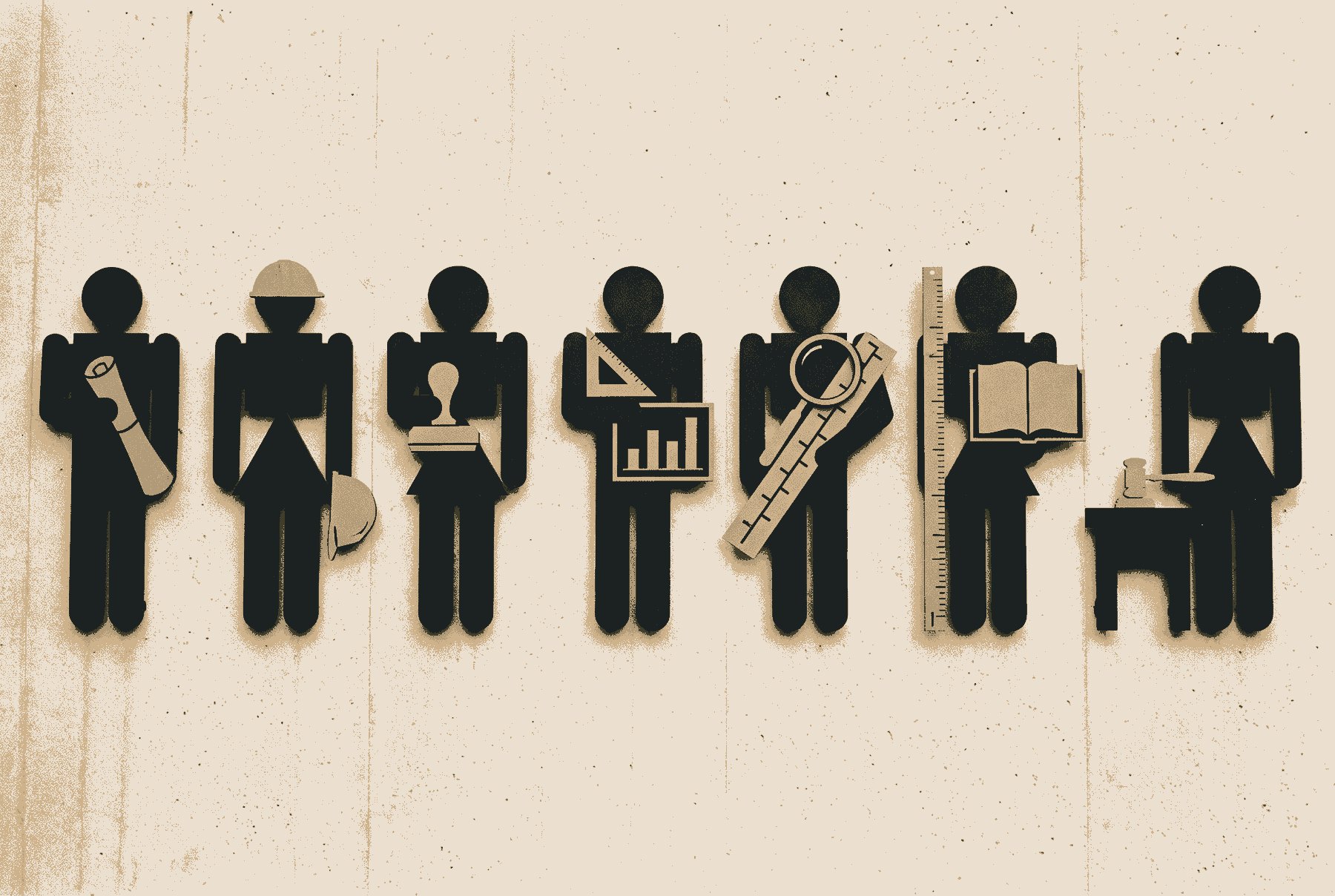 A row of seven flat, faceless figures, each holding one object: a roll of drawings, a hard hat, a rubber stamp, a set square and bar chart, a magnifying glass over a ruler, a scale rule and an open ledger, and a gavel on a small bench.