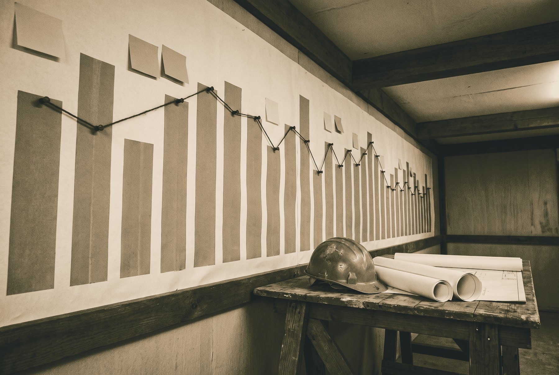 A site office wall covered in a long bar chart of plain grey bars, pinned with coloured pins and a length of red string tracing a line across them, blank sticky notes here and there, and a hard hat with rolled drawings on a trestle table below.