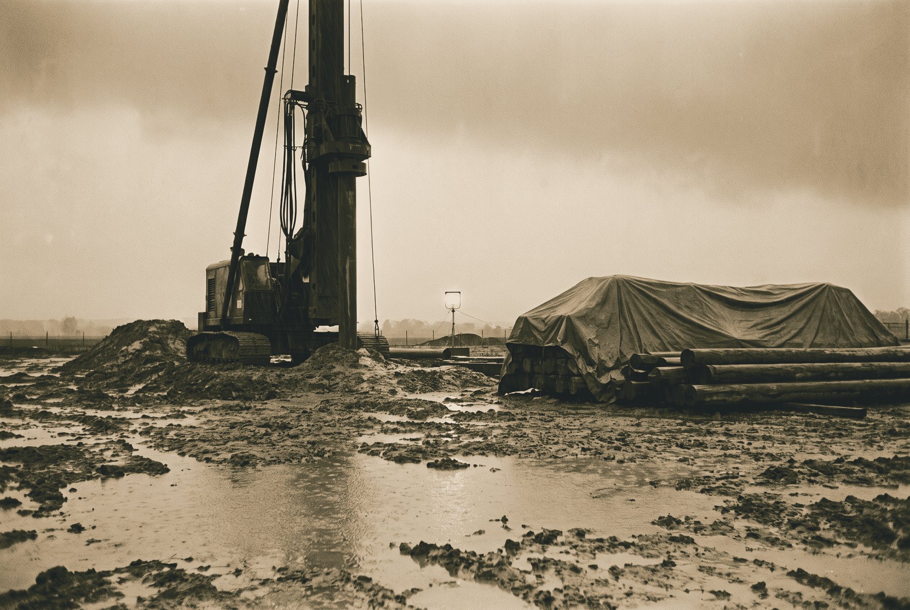 A piling rig standing idle on a muddy, rain-soaked site, with timber piles stacked under a tarpaulin beside it, puddles across the foreground and one small lamp lit in the distance.