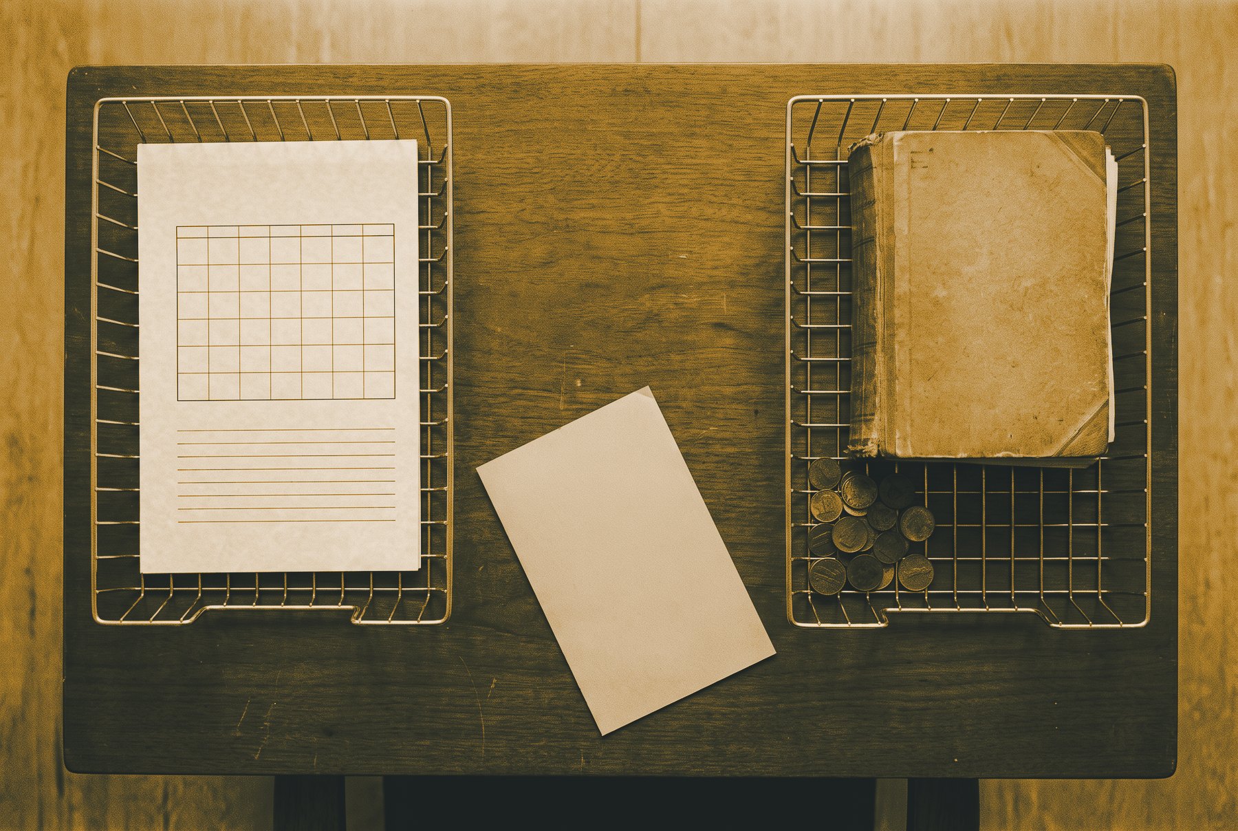 Two wire in-trays on a wooden desk seen from above, one holding a blank calendar grid and the other a worn ledger and a small pile of coins, with a single loose sheet lying between them.