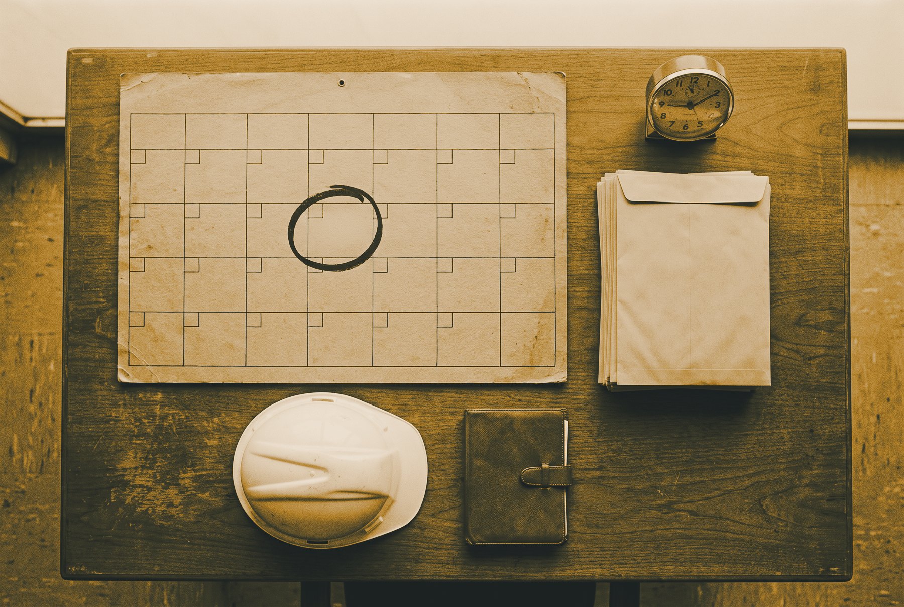 An overhead view of a site-office desk with a blank calendar grid with one square circled, a stack of plain envelopes, a desk clock and a hard hat.
