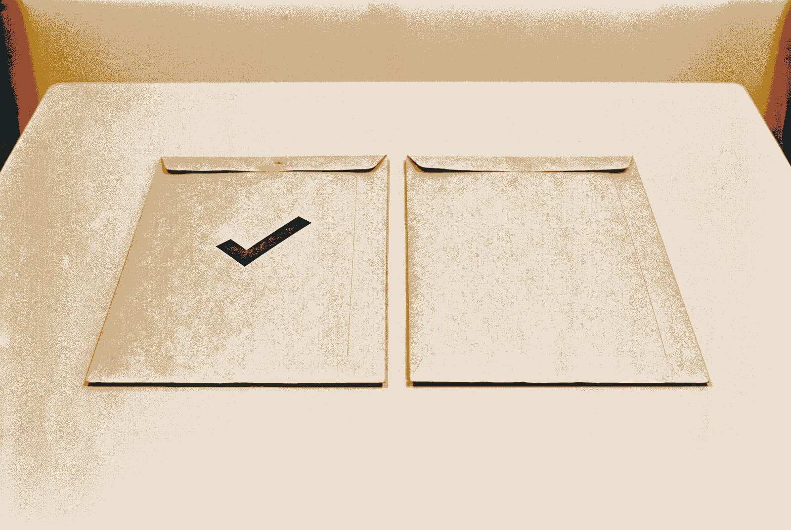 Two sealed envelopes side by side on a plain surface, one marked with a bold geometric tick, the other blank.