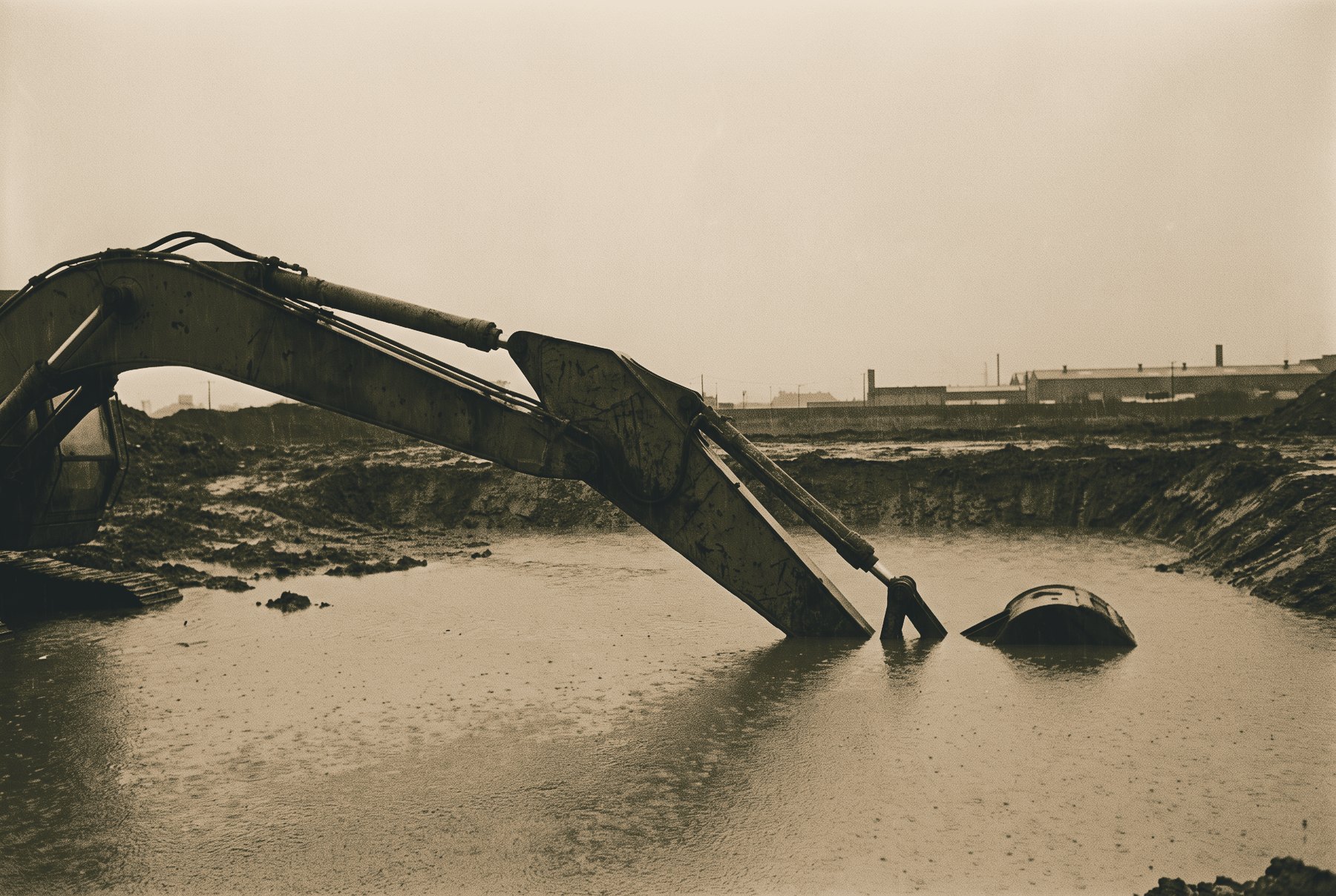 A flooded, muddy excavation in the rain, with a stilled excavator arm reaching down into the standing water and an industrial skyline low on the horizon.