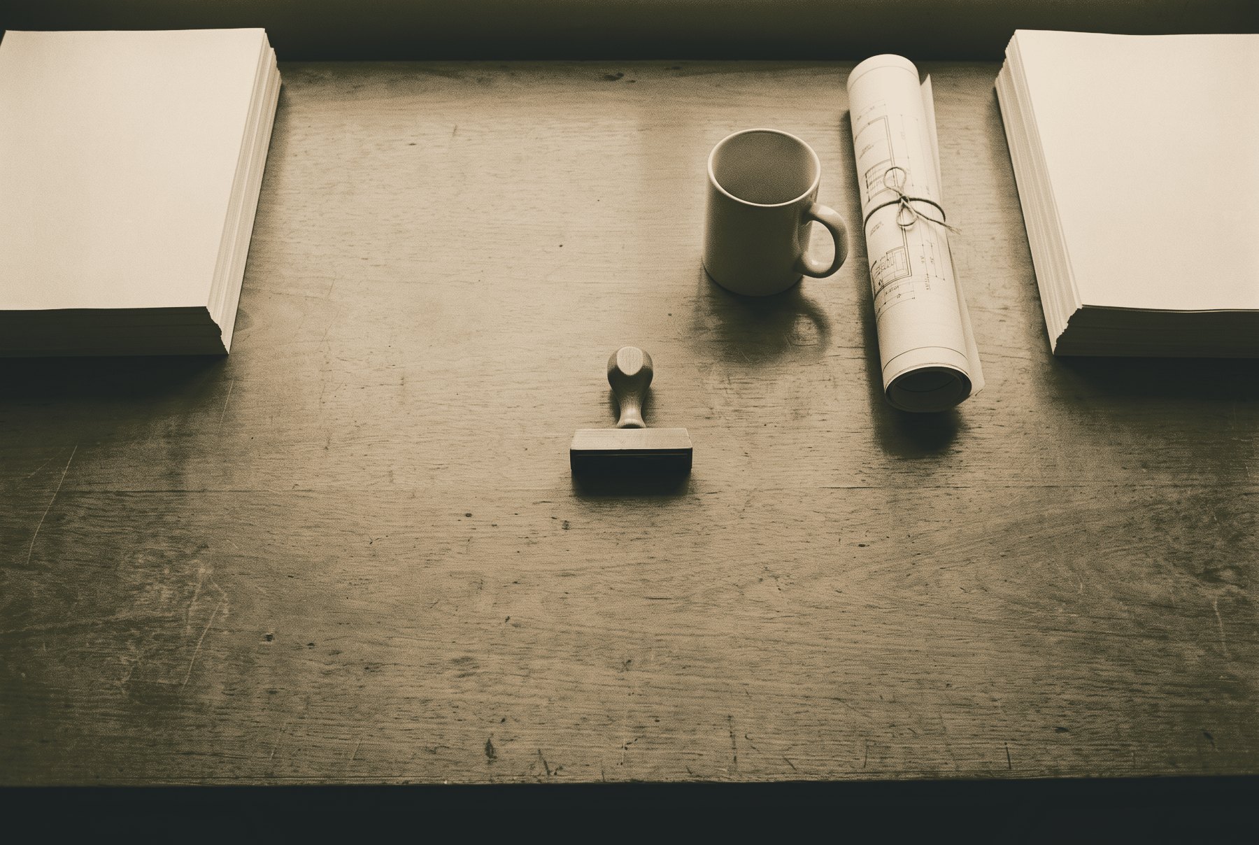 A plain desk seen from directly above, with a rubber stamp at the centre, a stack of papers at each side, a mug and a rolled drawing.