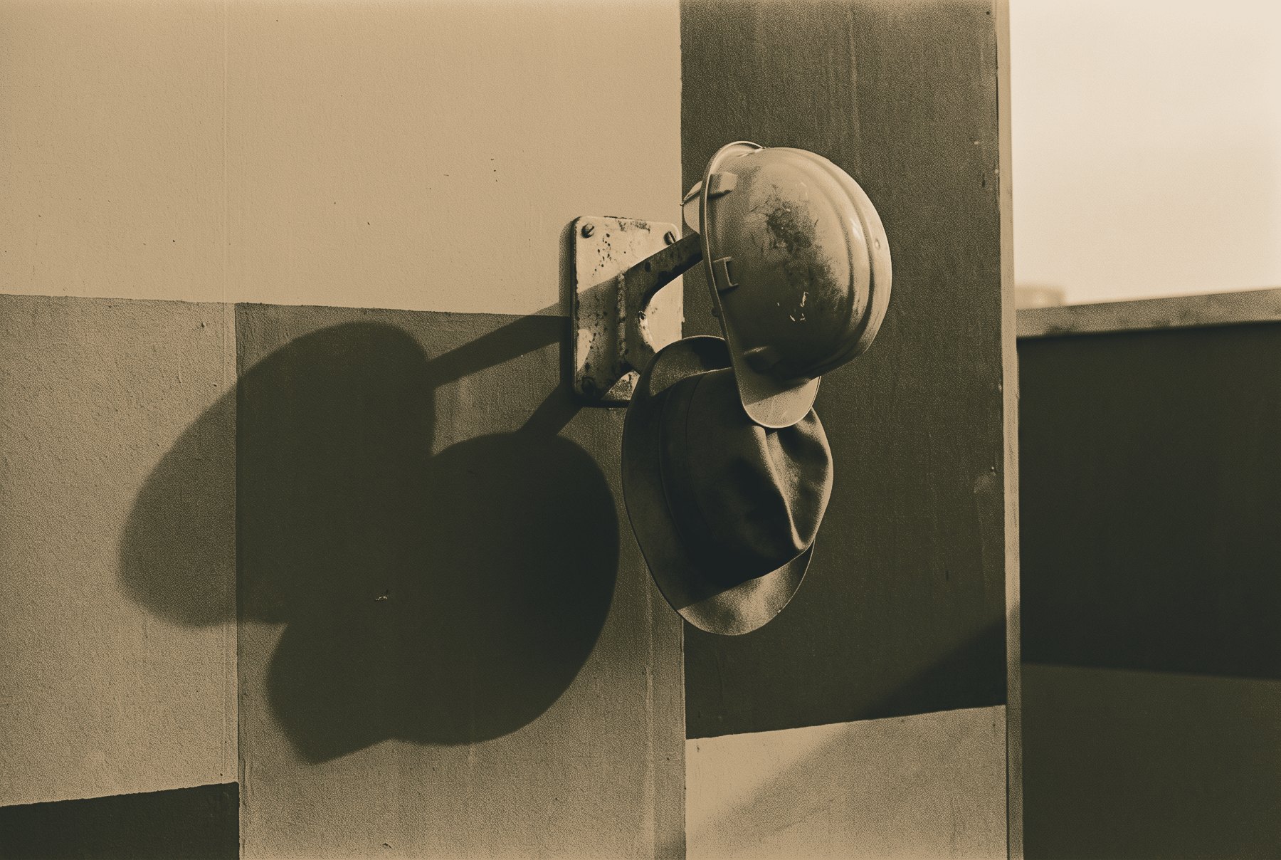 A hard hat and a soft felt hat hanging on a single coat peg against a plain two-tone wall, casting a long shadow.