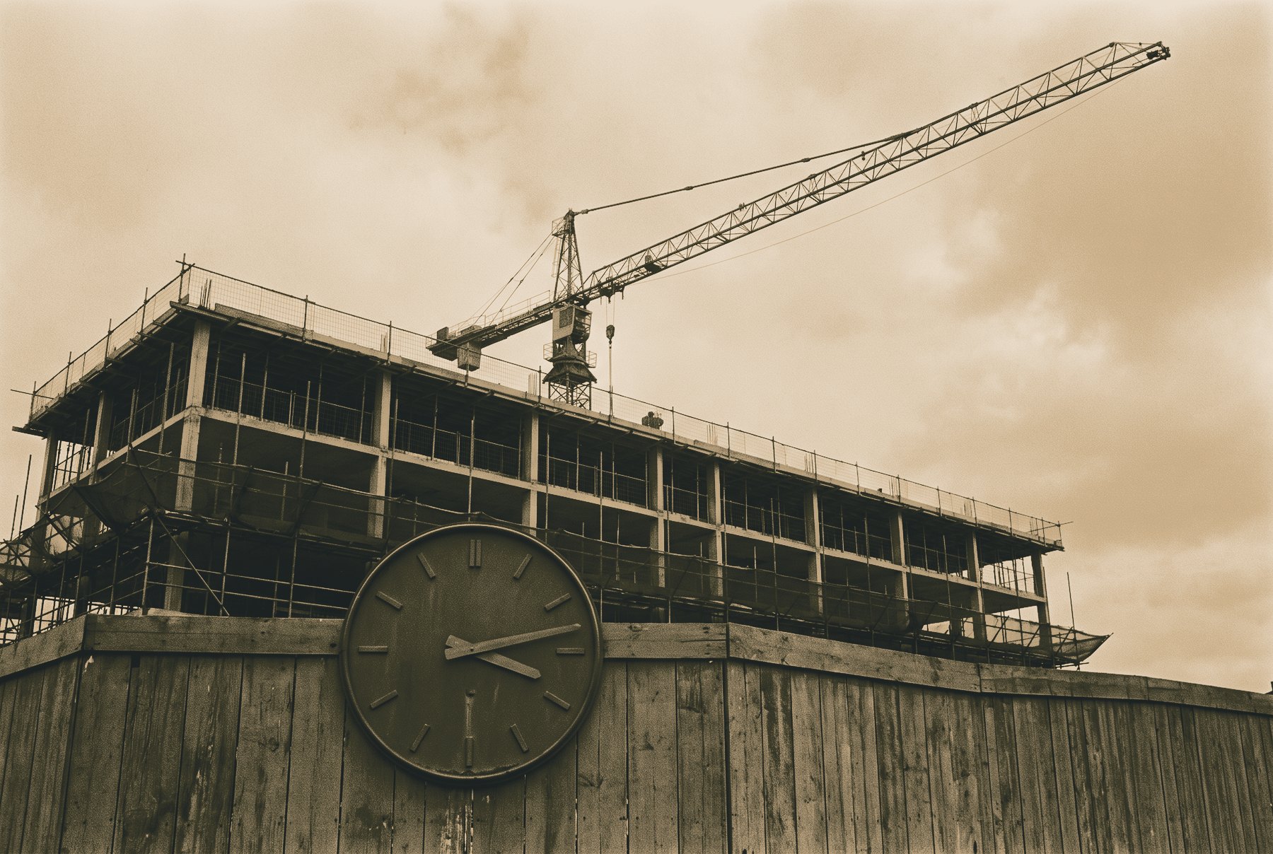 A tower crane standing as a diagonal against the sky above a half-clad building, with a large plain round clock face, marked only with ticks, mounted on the site hoarding below.