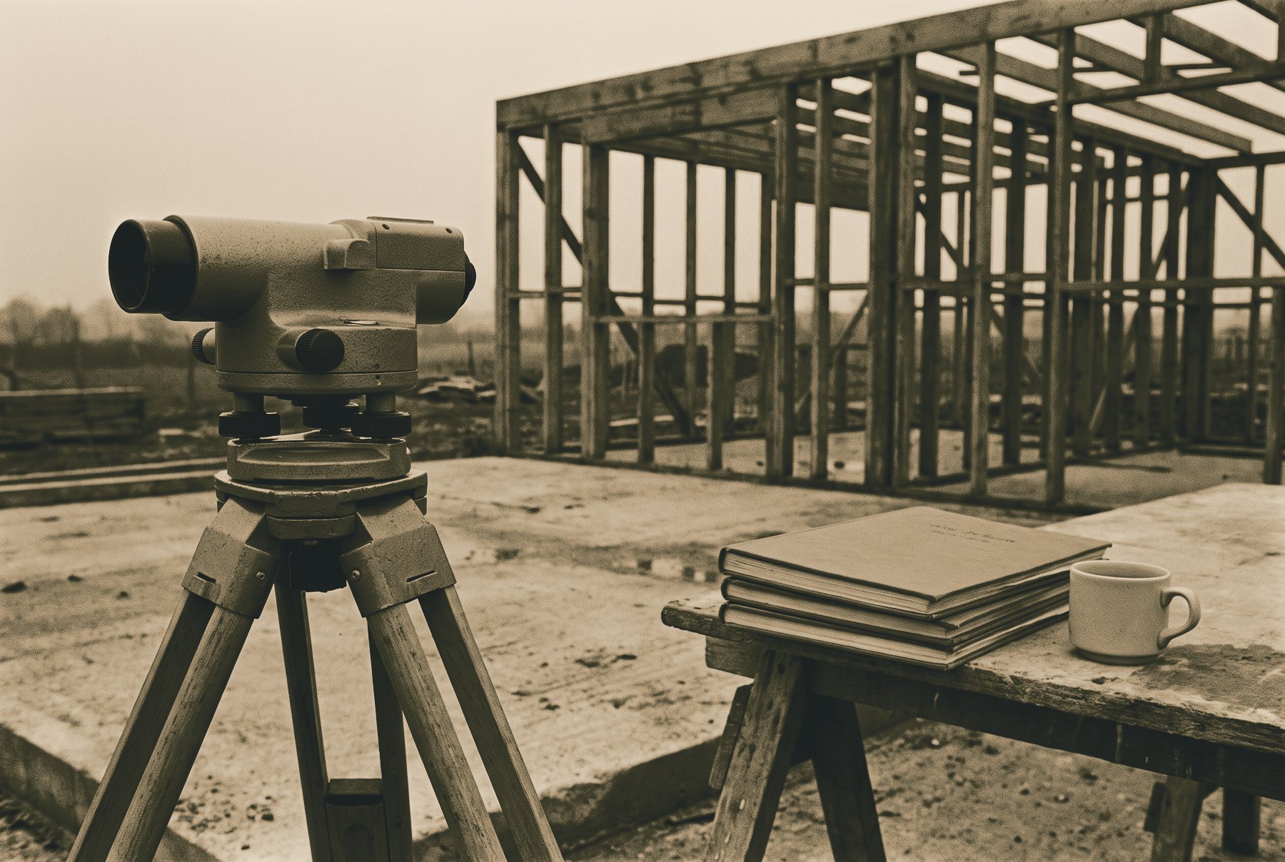 A surveyor's level on a tripod on an unfinished concrete slab, facing a partly built timber frame, with a stack of bound site diaries and a coffee cup on a trestle table behind it.