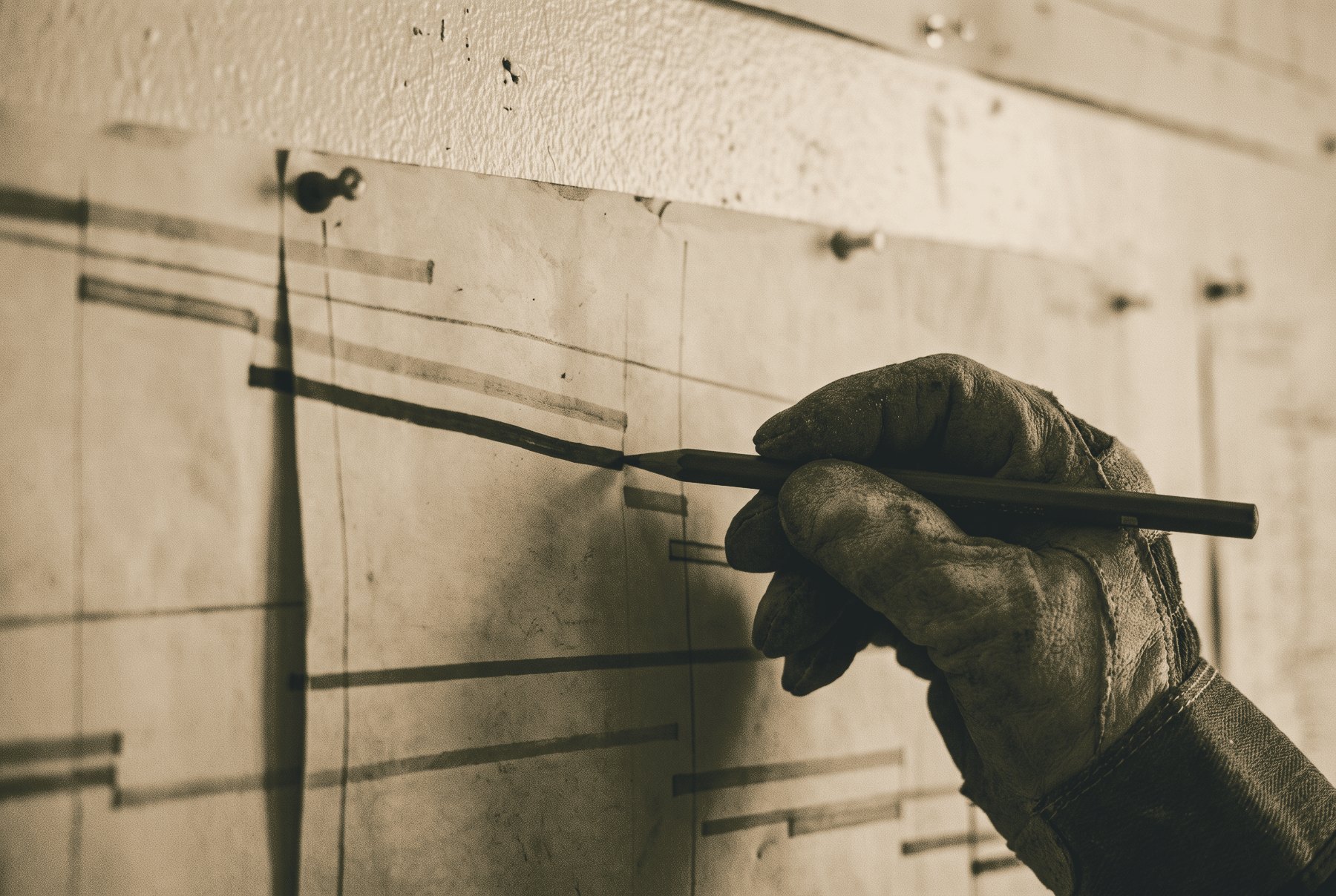 A gloved hand holds a pencil against a bar chart pinned to a site-office wall, following one dark bar back from right to left while the other bars stay faint.