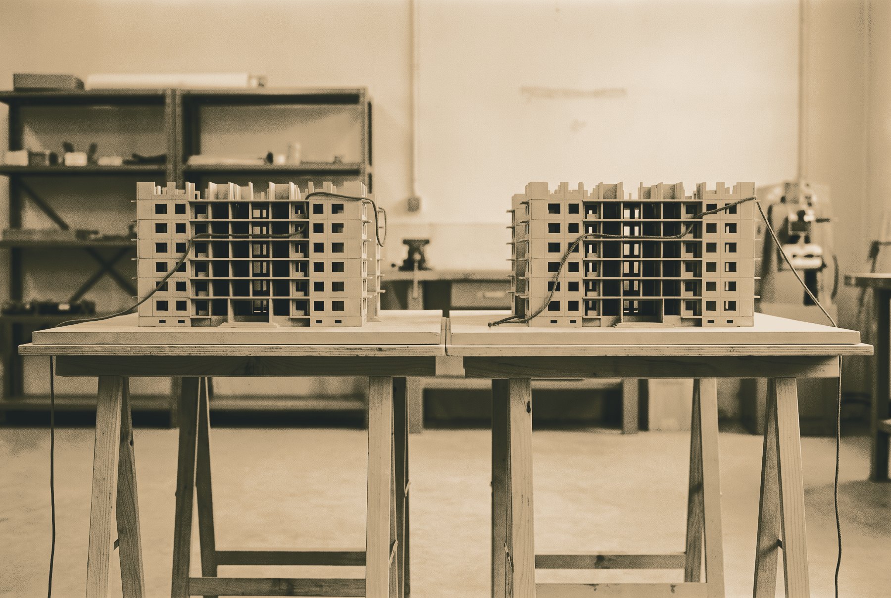 Two identical models of a building frame stand side by side on trestle tables in a workshop, each with a length of string running through it along a different route.