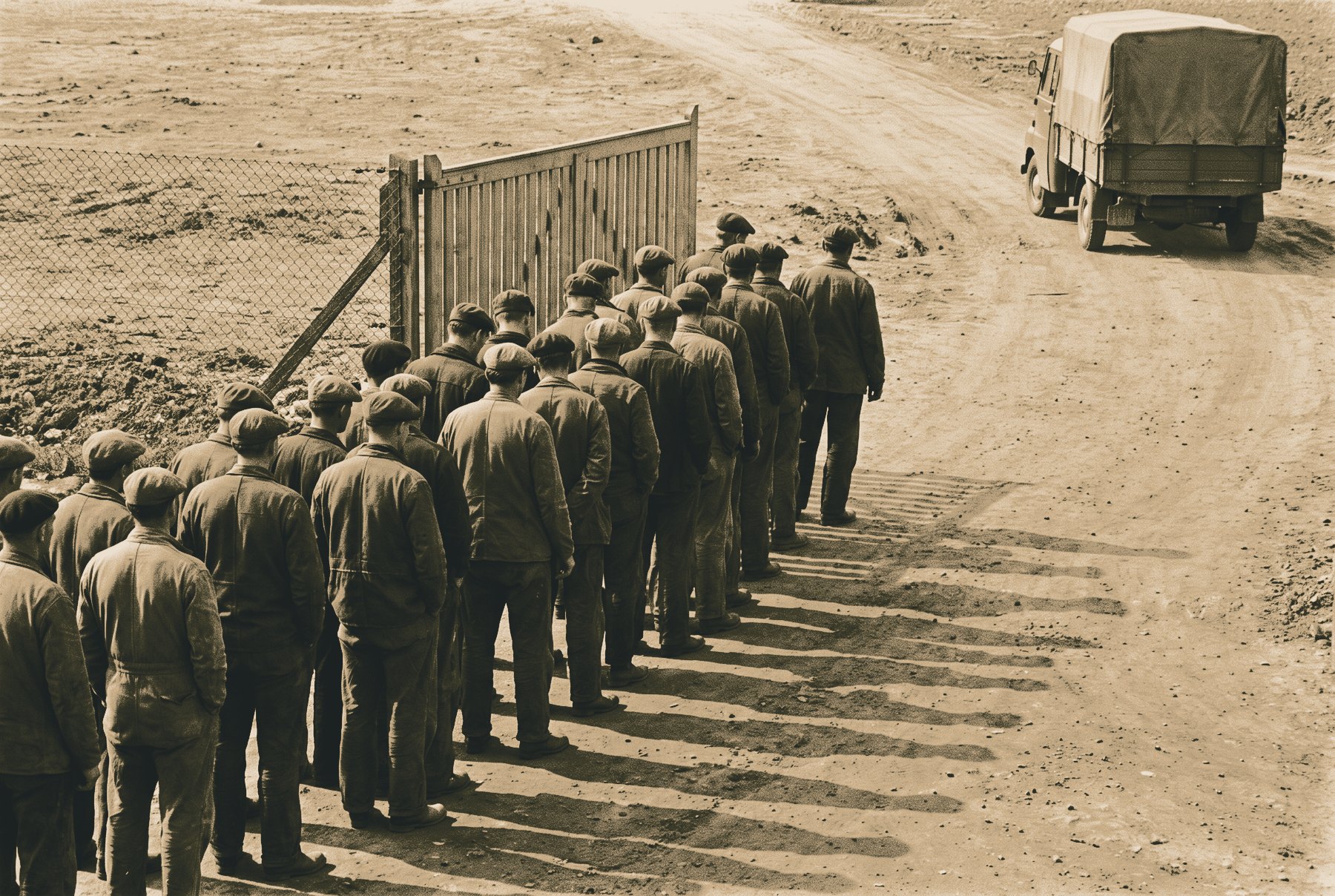 A line of workers seen from behind waits at a closed site gate while a small delivery lorry arrives at the far edge of the frame.