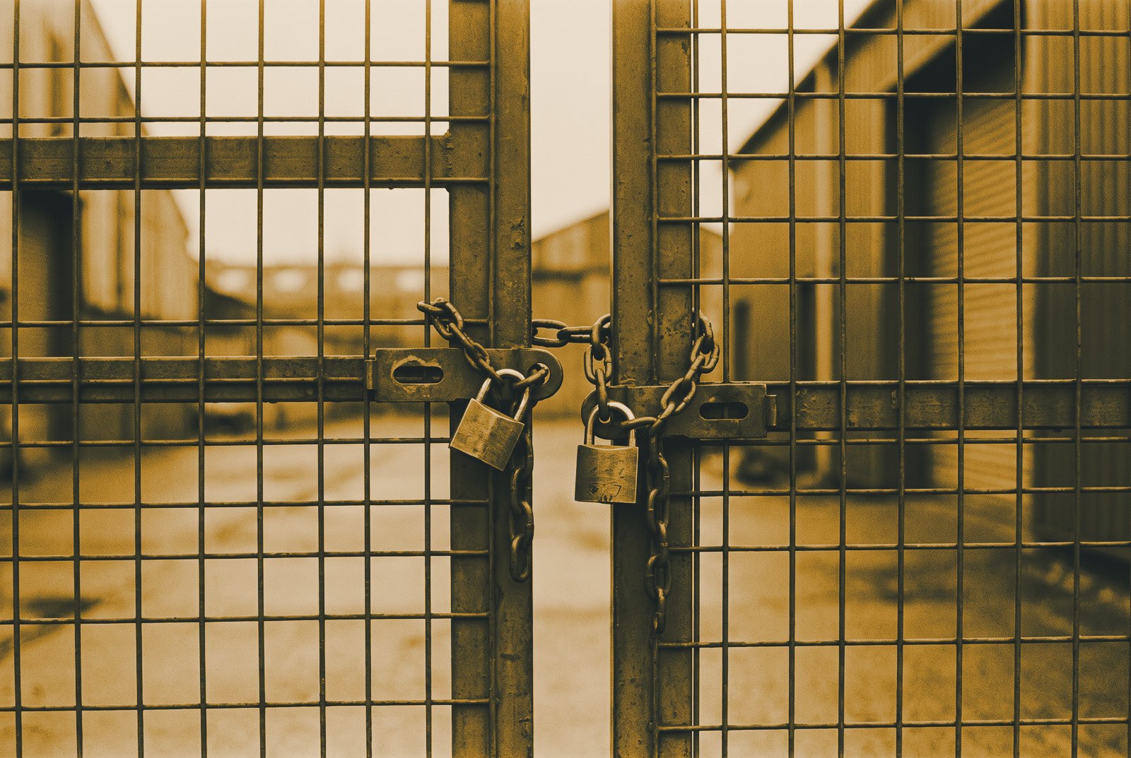 A steel-mesh site gate held shut by two separate padlocks on two chains, side by side.