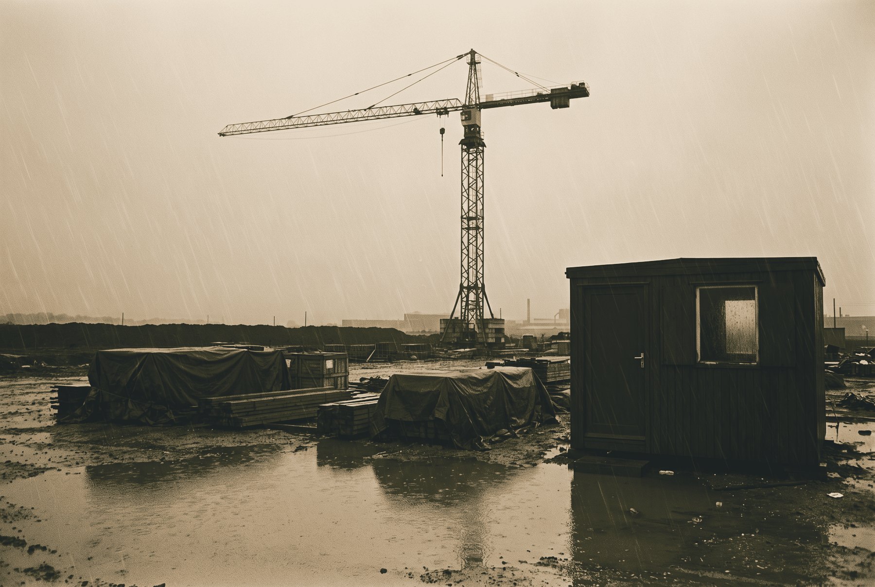 An empty building site in heavy rain, with an idle tower crane, tarpaulins over stacked materials, a closed site cabin and puddles across the ground.