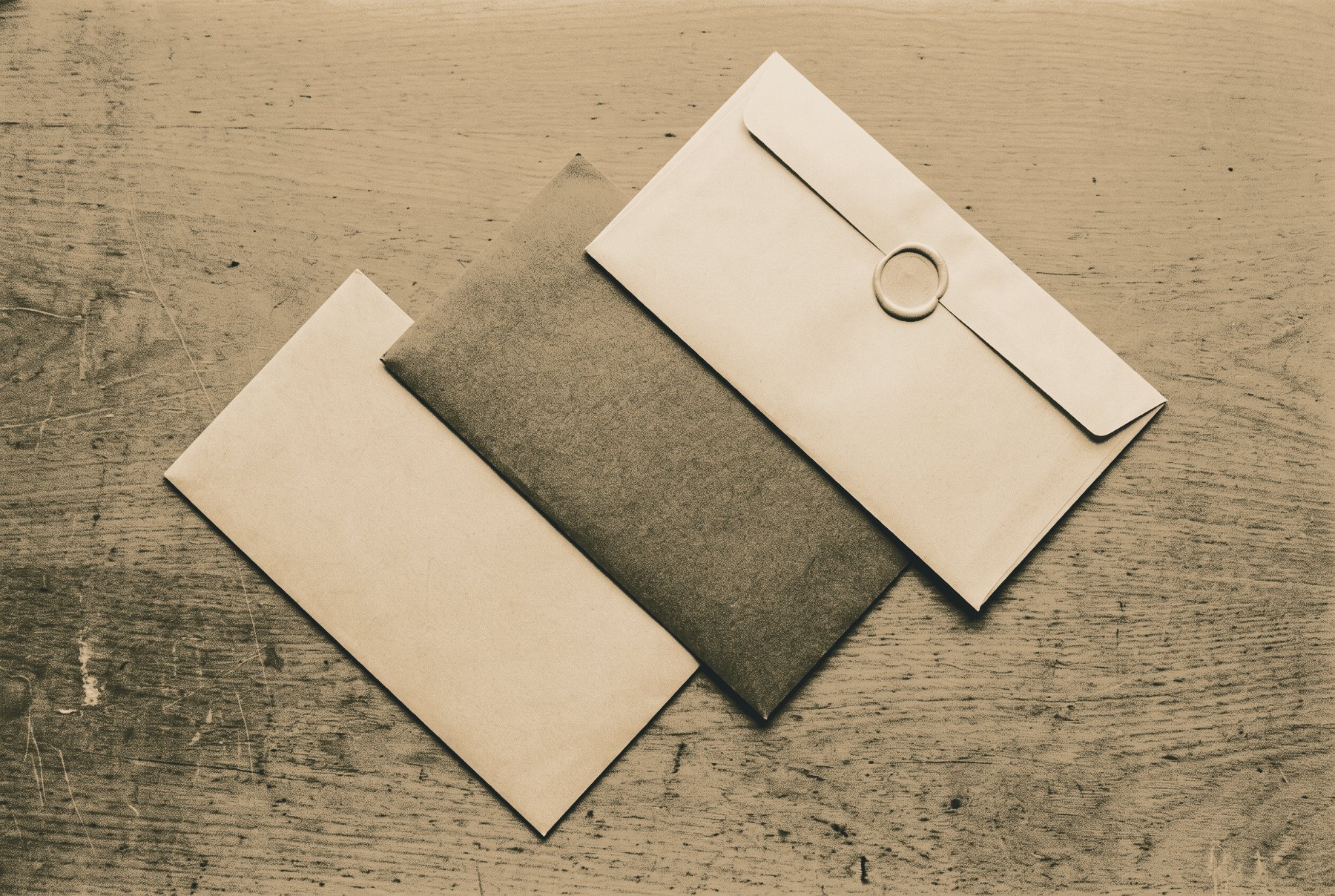 Three blank envelopes overlapping in a diagonal row on a plain desk, seen from above, one sealed with wax.