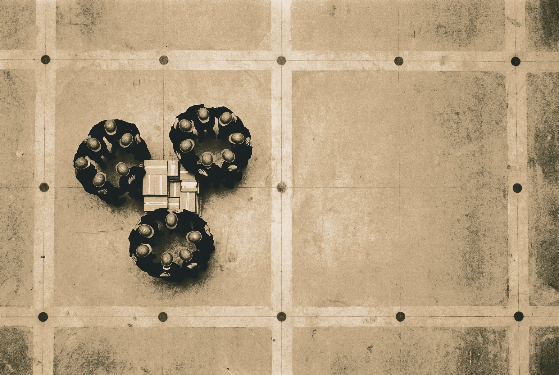 An overhead view of a concrete floor bay where three small work gangs crowd elbow to elbow around one stack of materials, beside an empty bay.