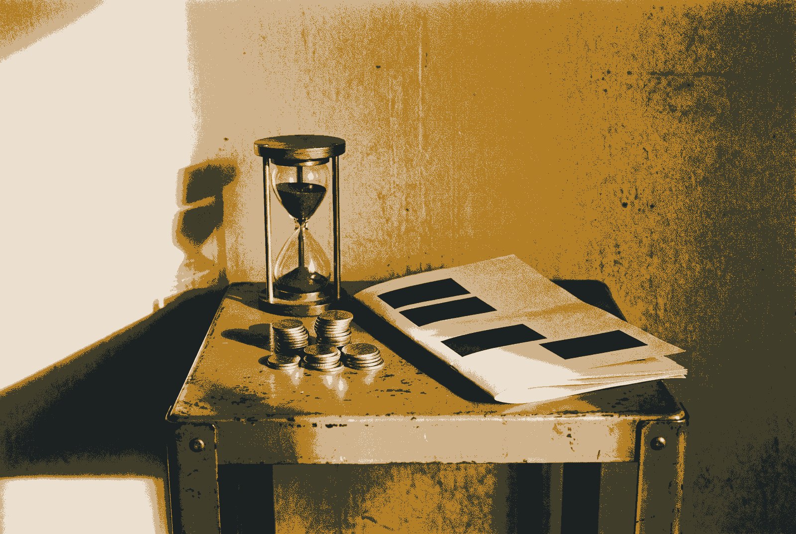 A still life of an hourglass beside a small stack of coins and a folded programme sheet printed with blank bars.