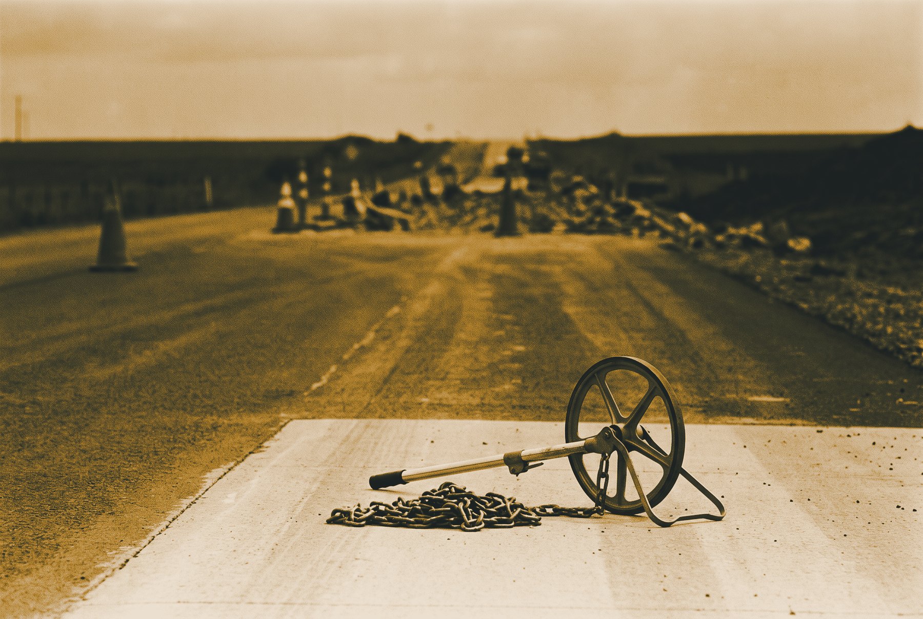 A long straight road in low perspective, with a surveyor's measuring wheel and chain on a clean, sharply lit stretch in the foreground and a broken, coned-off stretch fading into shadow beyond.