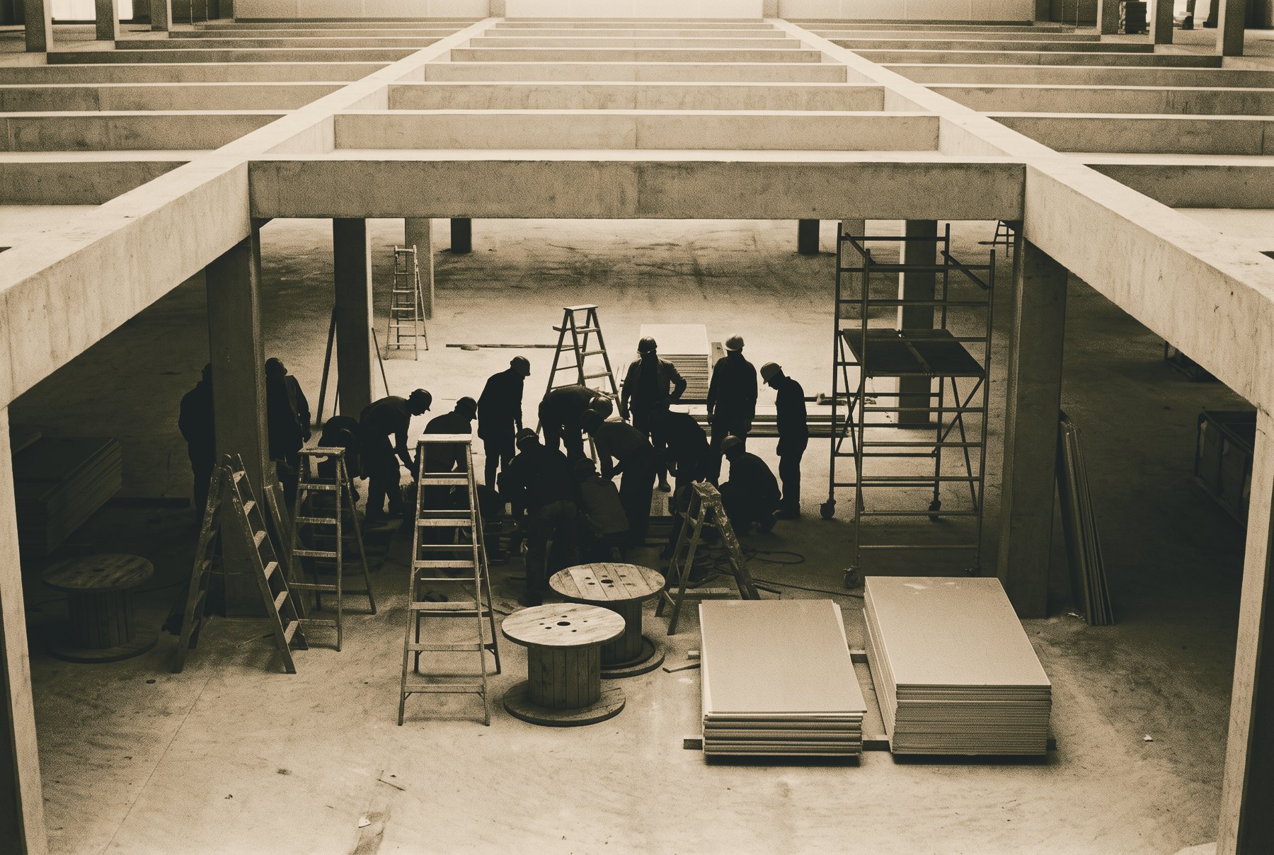 A crowded floor bay seen from above, with silhouetted workers elbow to elbow among stepladders, cable drums, plasterboard stacks and a scaffold tower, and empty bays at the edges.