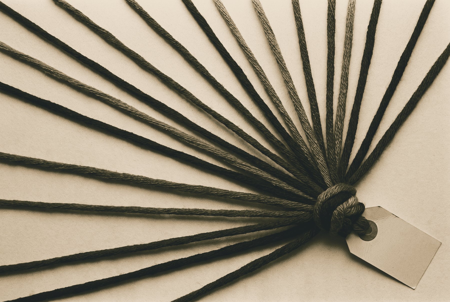 A dozen threads running in from the edges of the frame and meeting in one tight knot, tied to a plain blank paper tag.