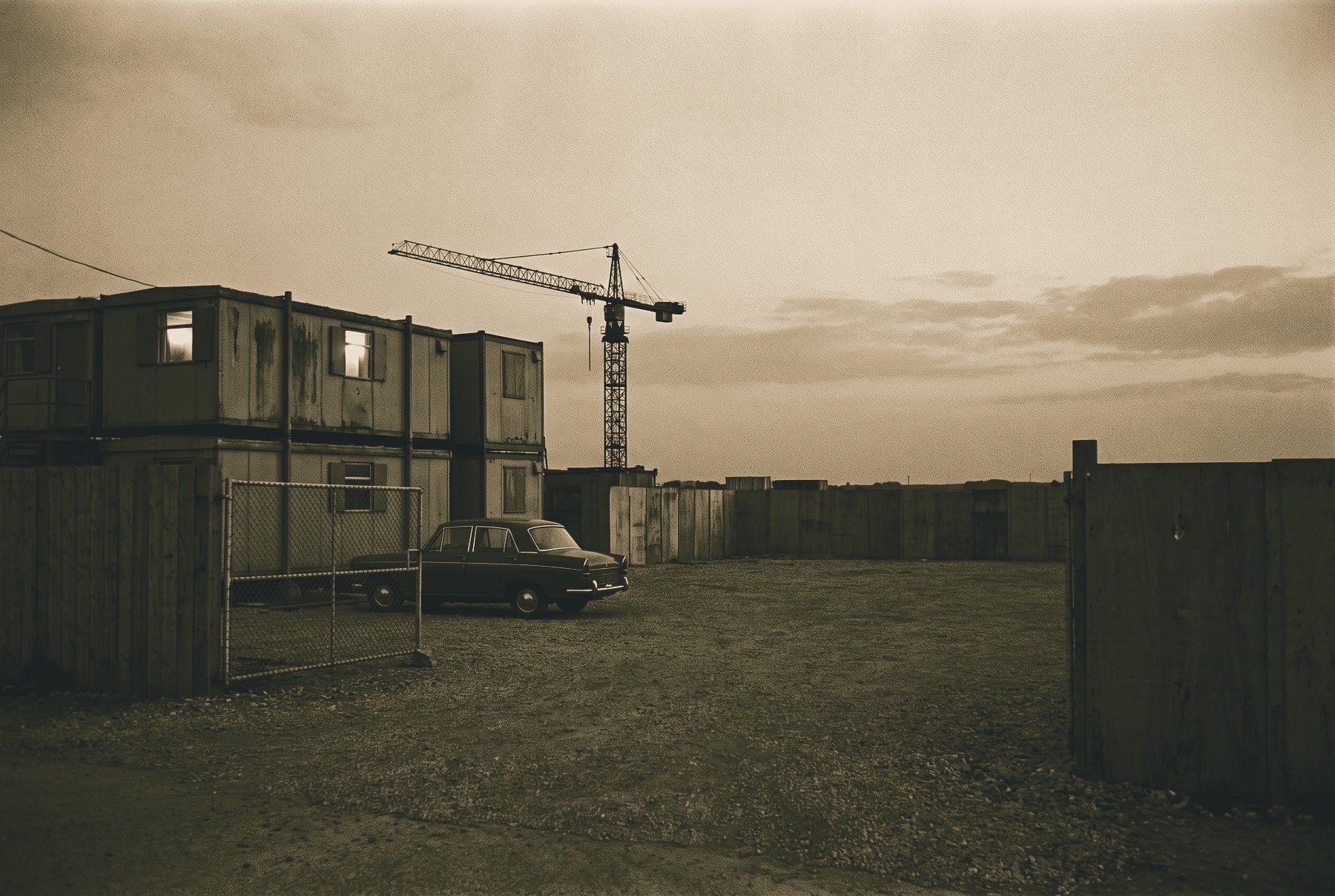 A row of stacked site cabins at dusk on a quiet building site, one window lit, a parked car and a closed gate, with a still tower crane beyond and a long empty foreground of gravel and hoarding.