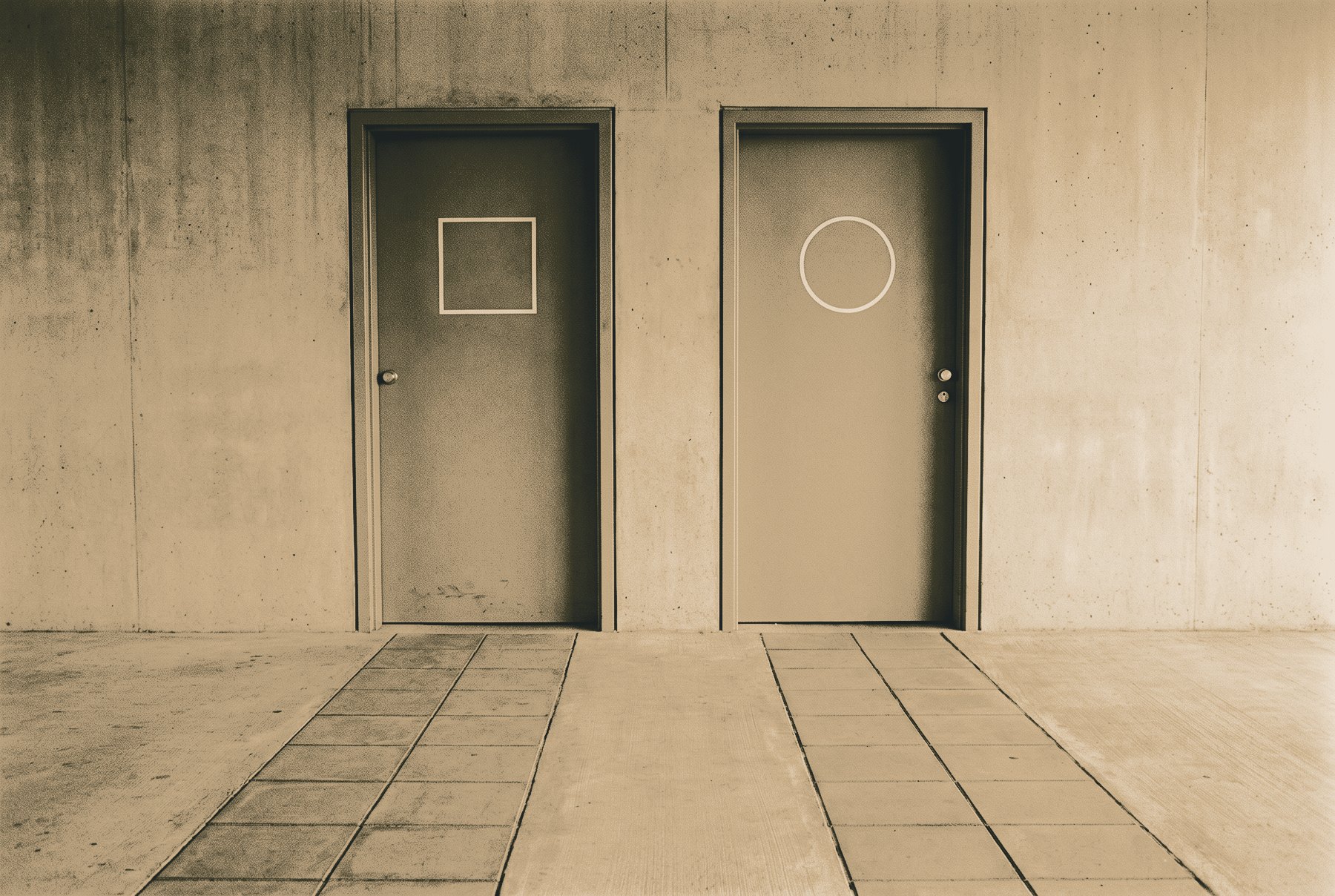 Two identical plain doors in a flat wall, one marked with a square and one with a circle, with a single path of floor tiles splitting to reach both.