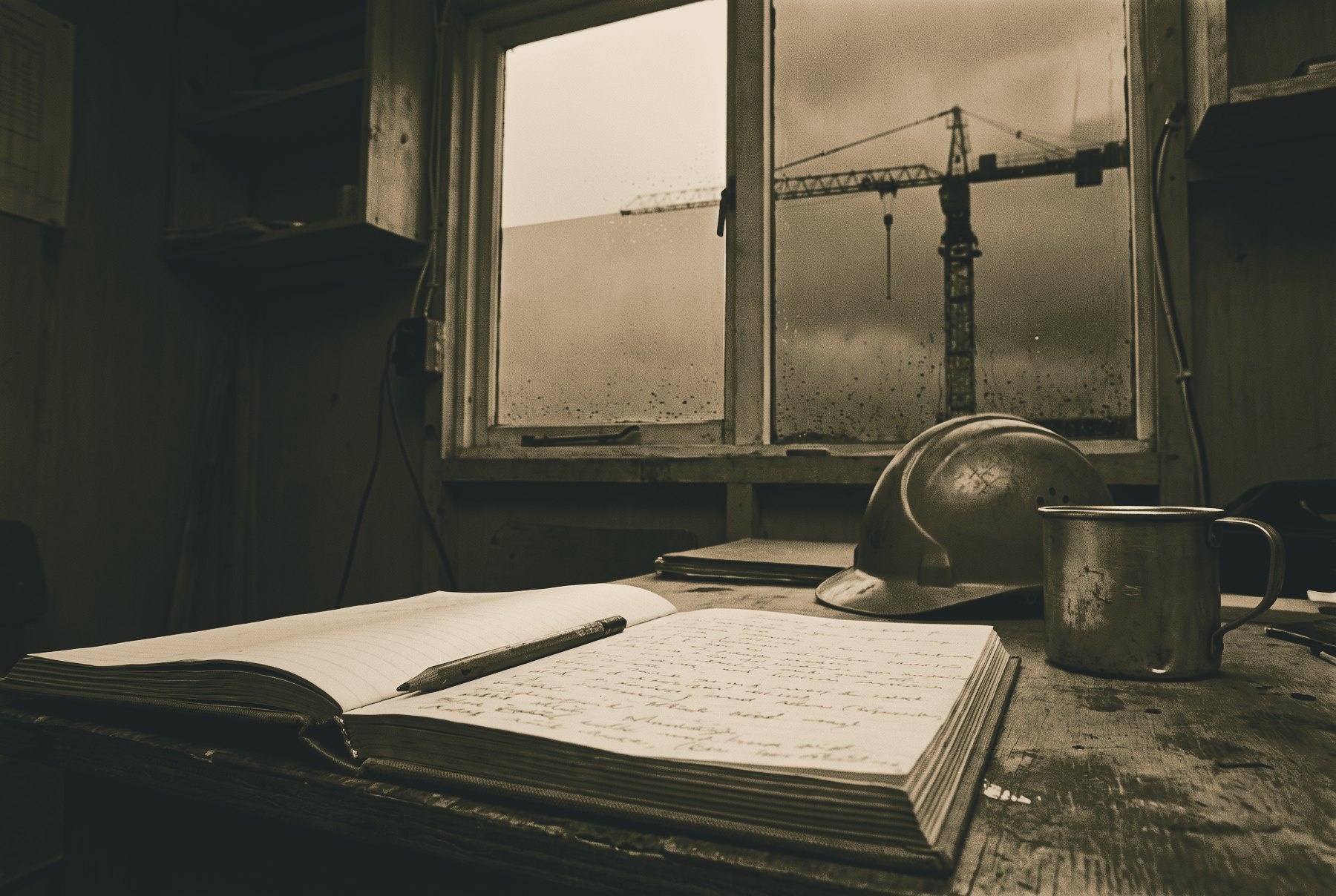 A plain desk in a site cabin at dusk, with an open diary and a pencil in the foreground, a hard hat and a tin mug beside them, rain on the window and a tower crane in silhouette outside.