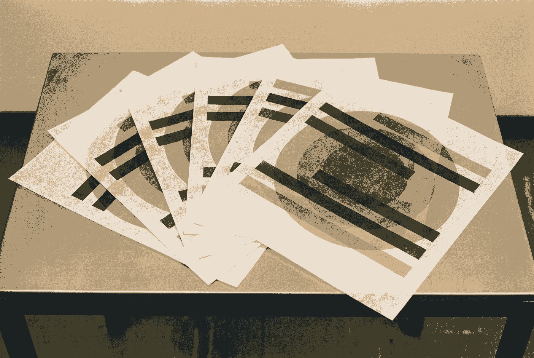 An abstract fan of translucent printed sheets, each carrying horizontal bars in slightly different positions, layered so the bars read as successive versions.