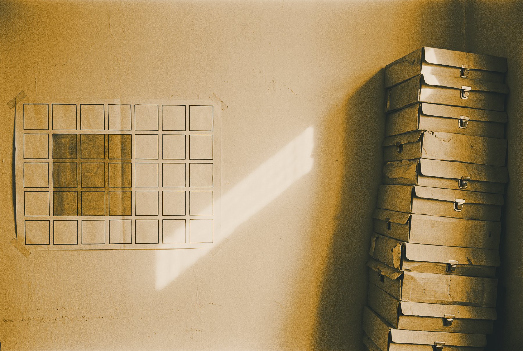A calendar drawn as a plain grid of squares with one block shaded darker, beside a tall stack of box files, crossed by a diagonal shaft of light.