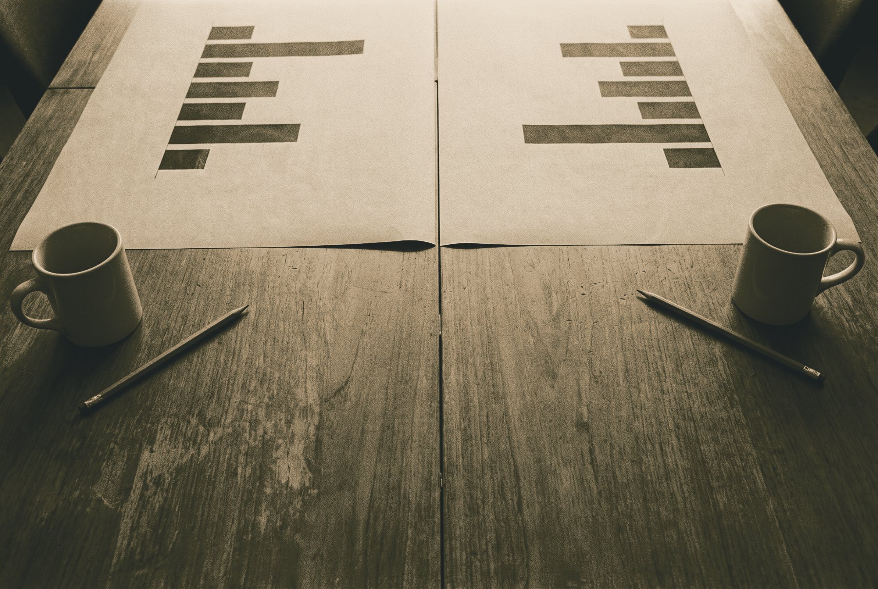 A meeting table seen from above, with two large bar charts laid side by side and meeting at a hard centre line, their bars of different heights, and a pencil and a coffee cup on each side.