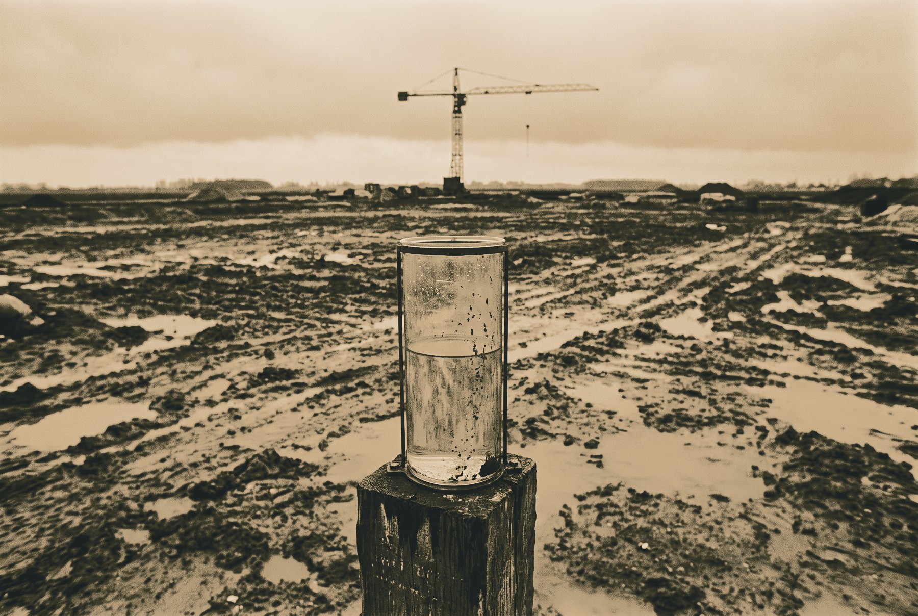 A glass rain gauge, part full, on a wooden post in the foreground of a waterlogged building site, with a tower crane on the horizon under low cloud.