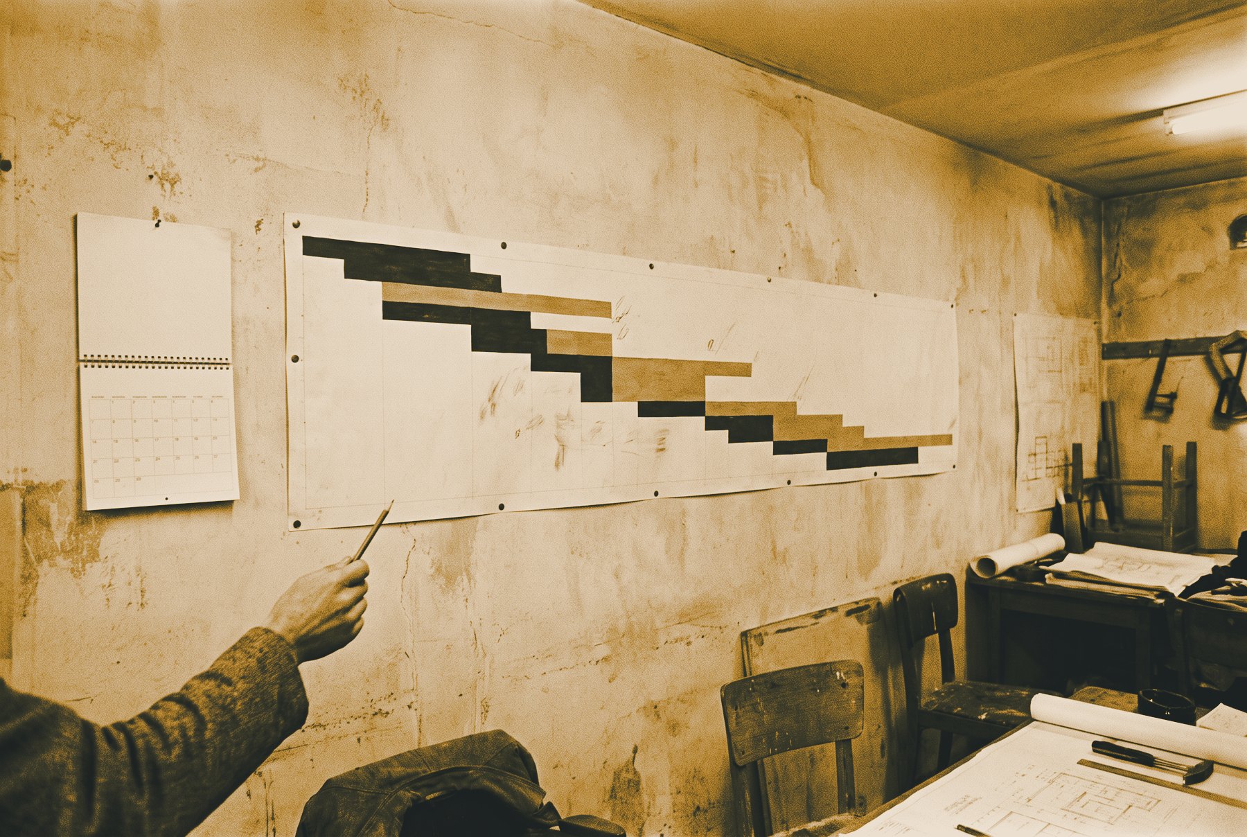 A hand holding a pencil points at a long stepped bar-chart programme pinned across a site-office wall, with a calendar beside it and drawings on the tables below.
